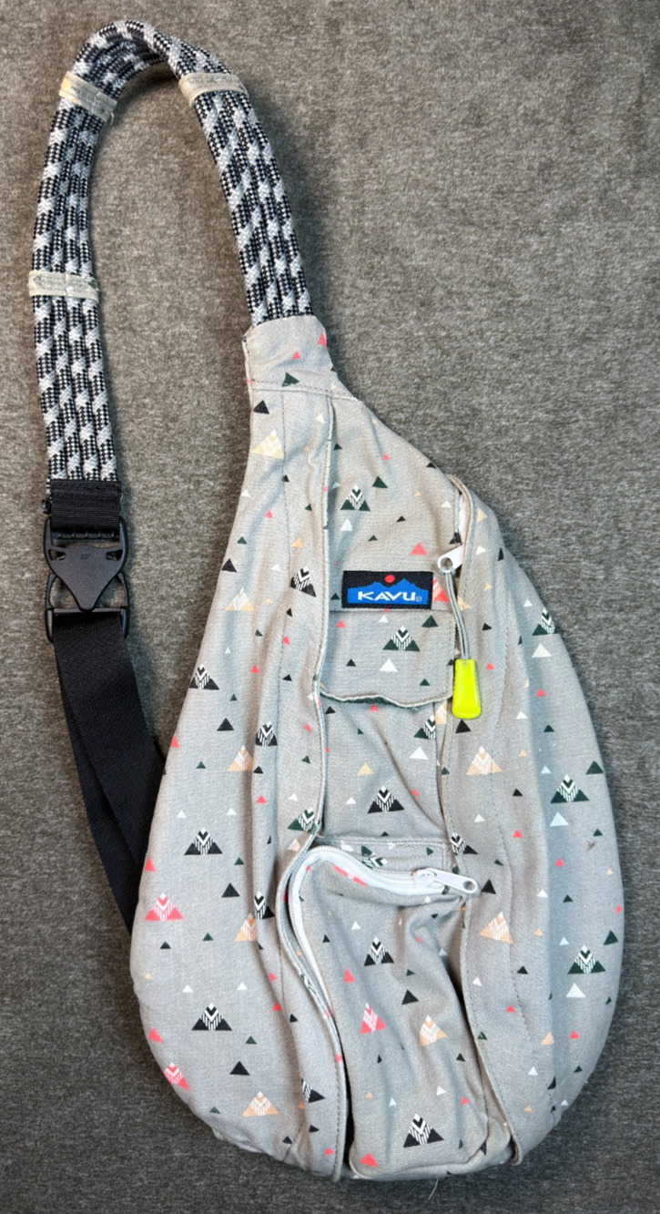 KAVU Sling Rope Bag Retired Fly Big Fish Geometric Triangles Print Crossbody